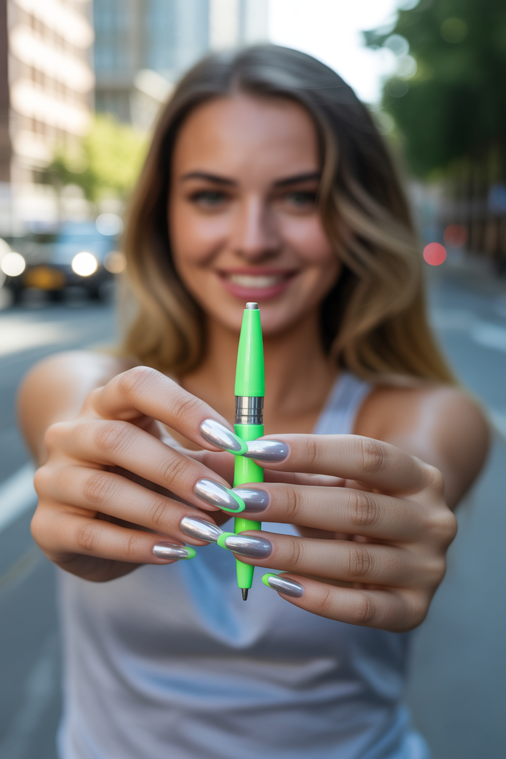 Futuristic Silver Chrome Nails With Neon Tips