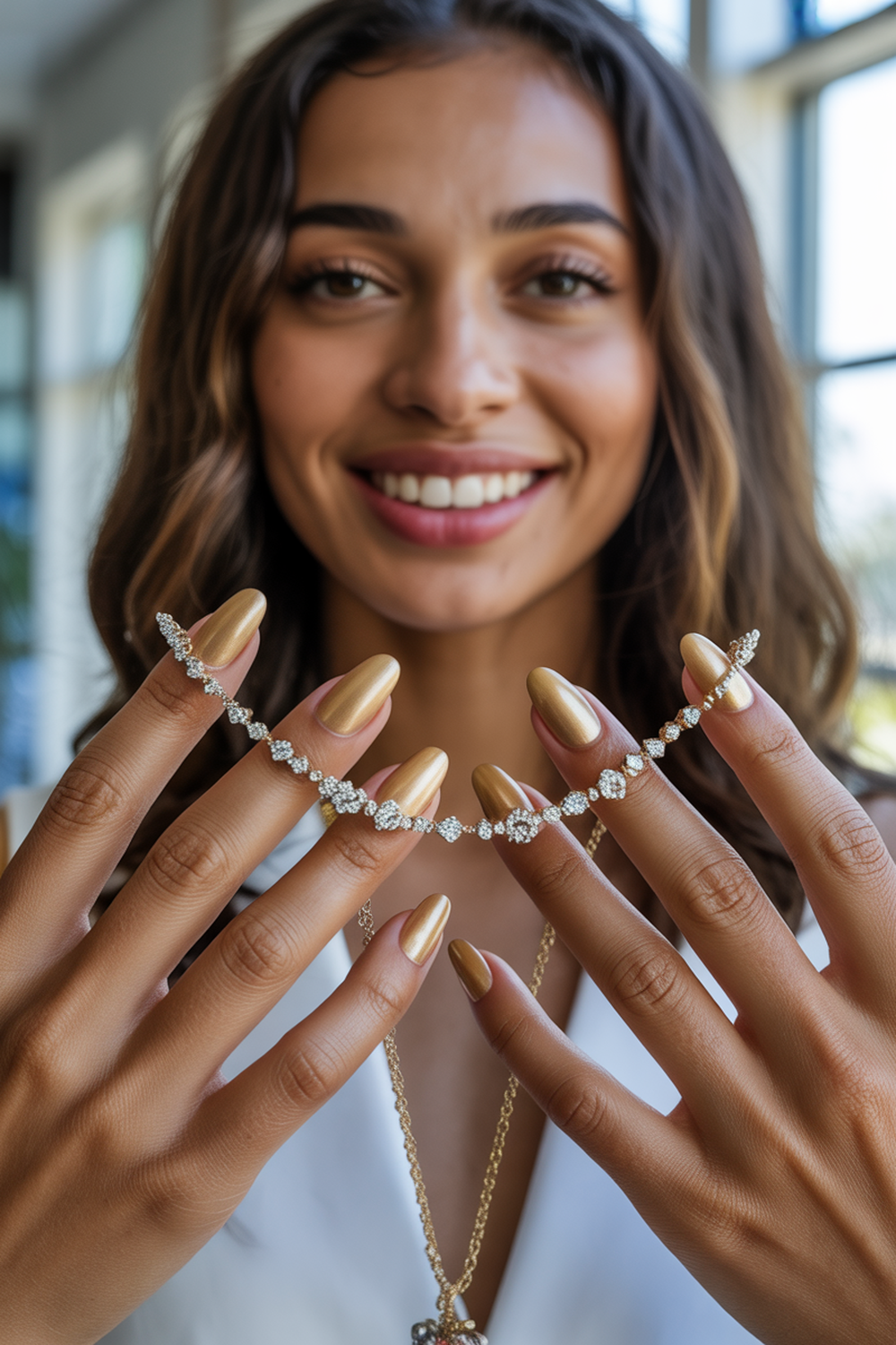 Gold Metallic Nails With Crystal Embellishments