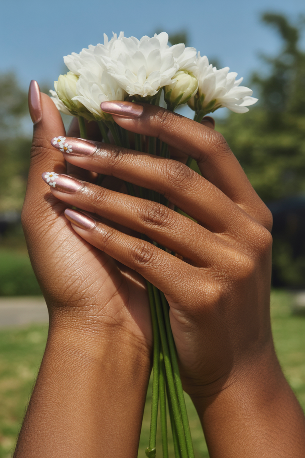 Rose Gold Chrome Nails With White Floral Accents