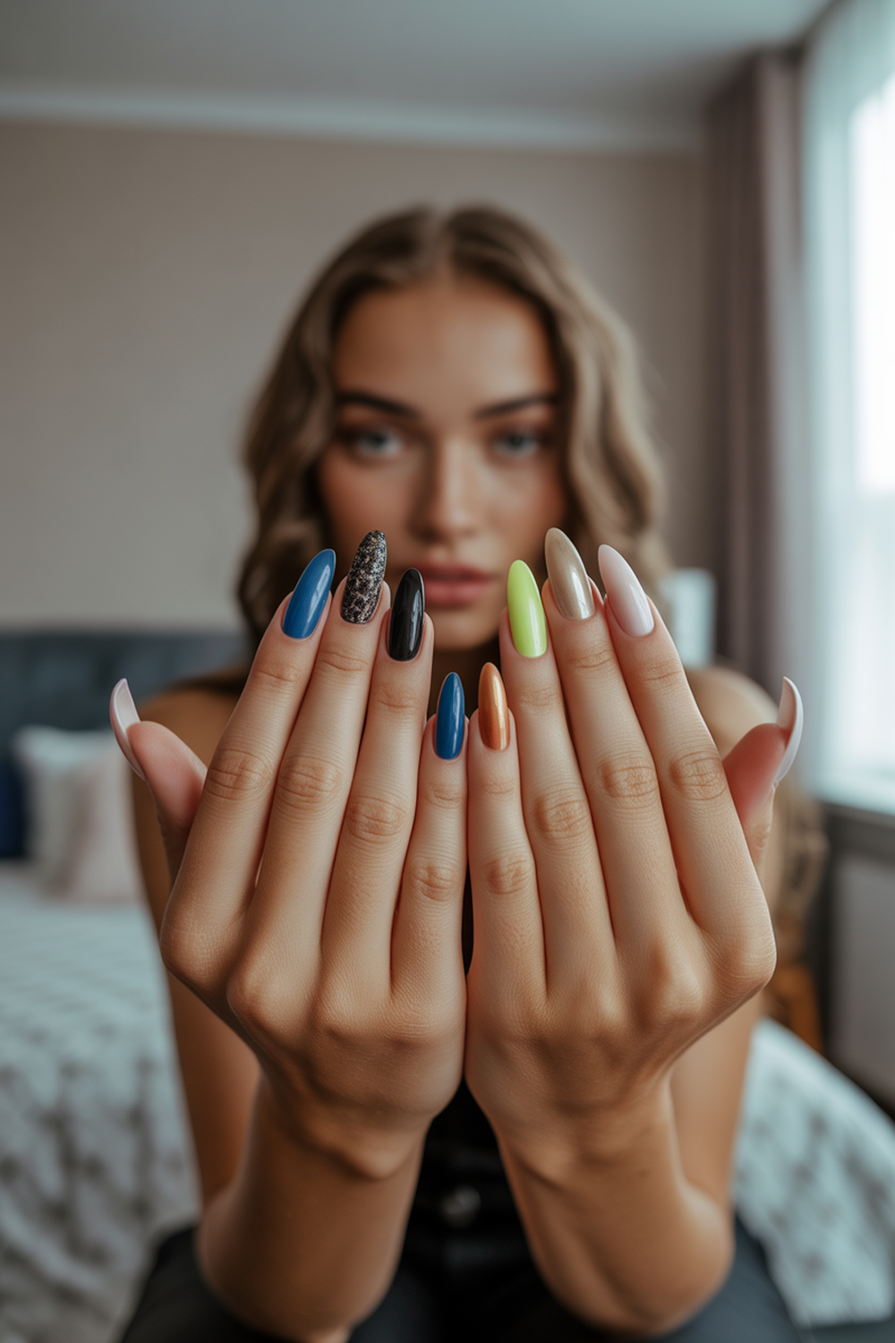 Neon Gradient Checkerboard Accent Nail Design