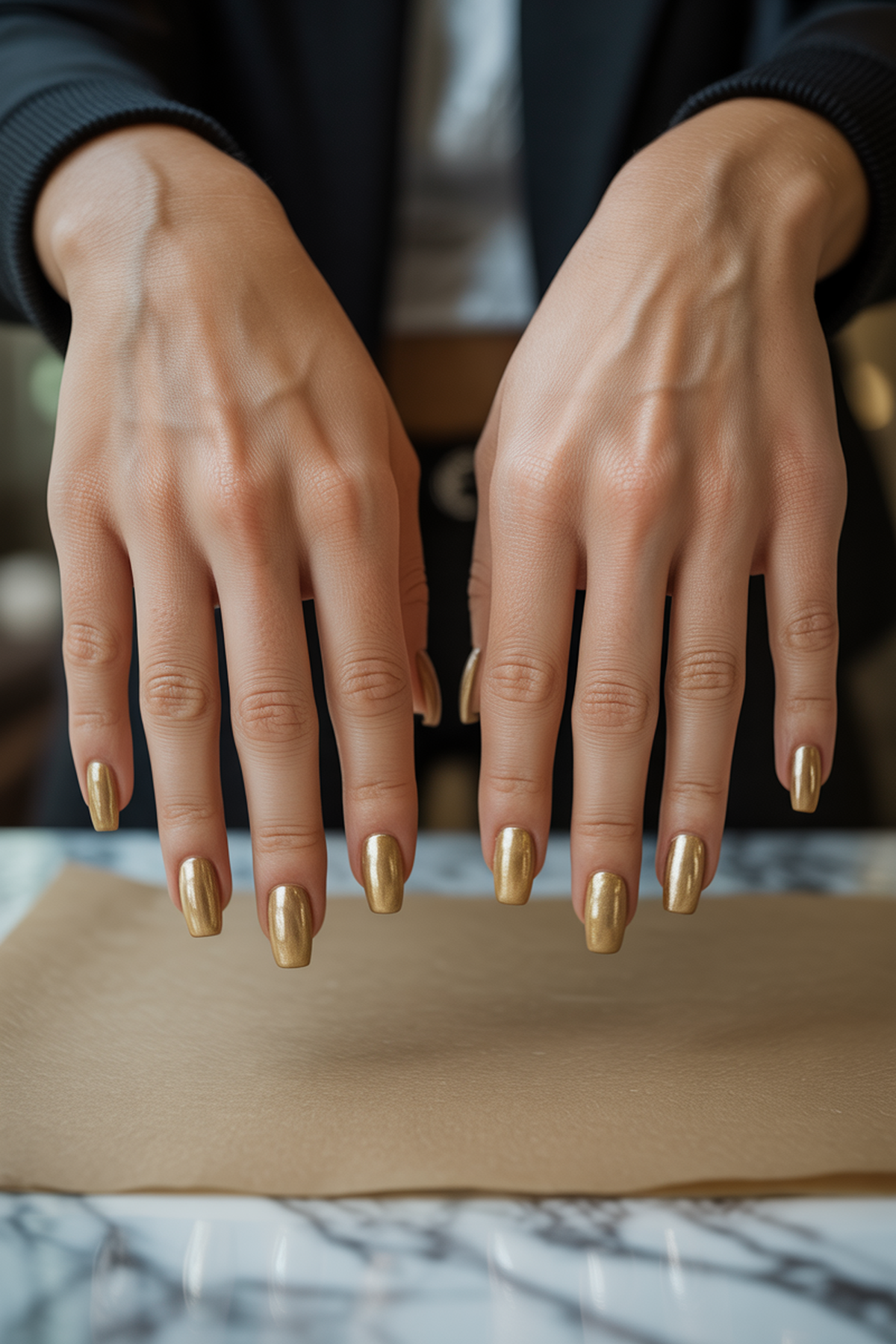Soft Grey Suede Nails And Bold Gold Stripe