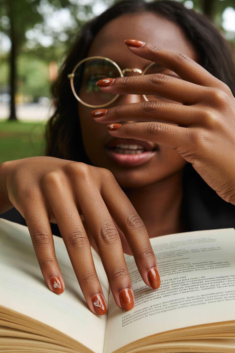 Glossy Terracotta Nails with Leaf Imprints