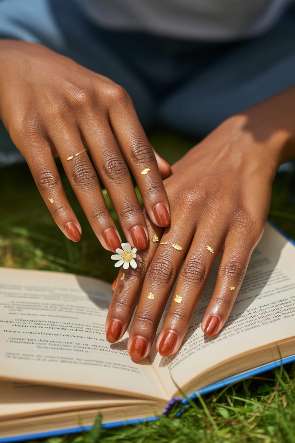 Matte Terracotta Nails with Gold Accent Lines