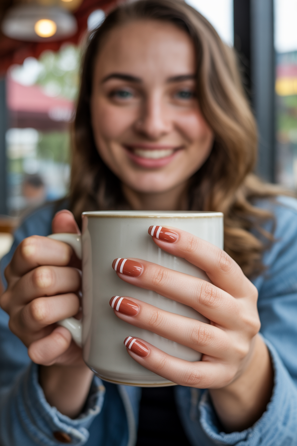 Minimalist Terracotta Nails with Thin White Stripes