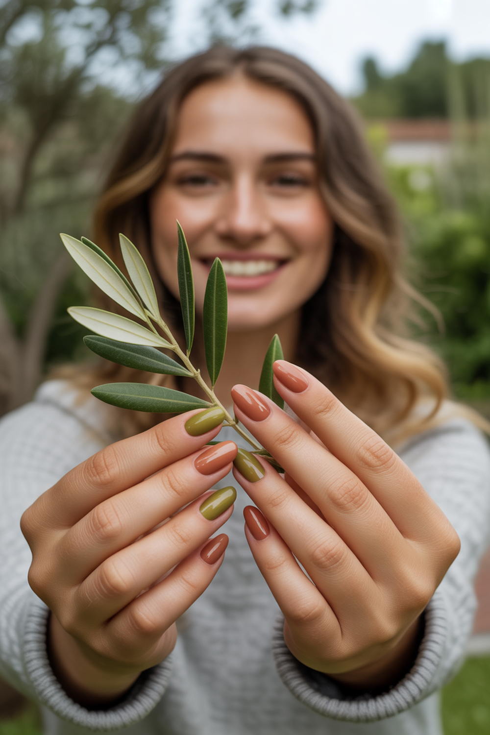 Terracotta and Olive Green Color Block Nails