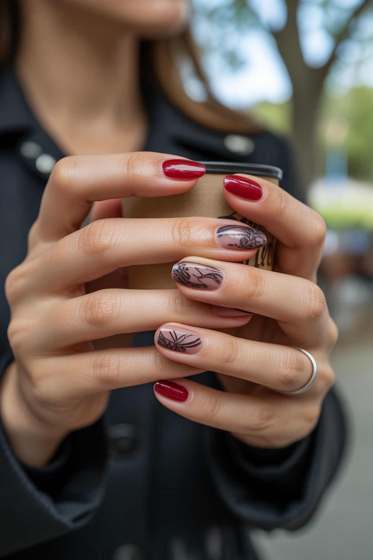 Black Lace Over Red Matte Nails