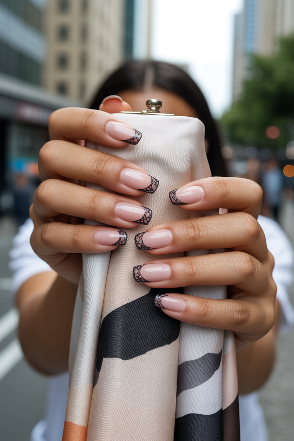 French Manicure with Black Lace Detailing