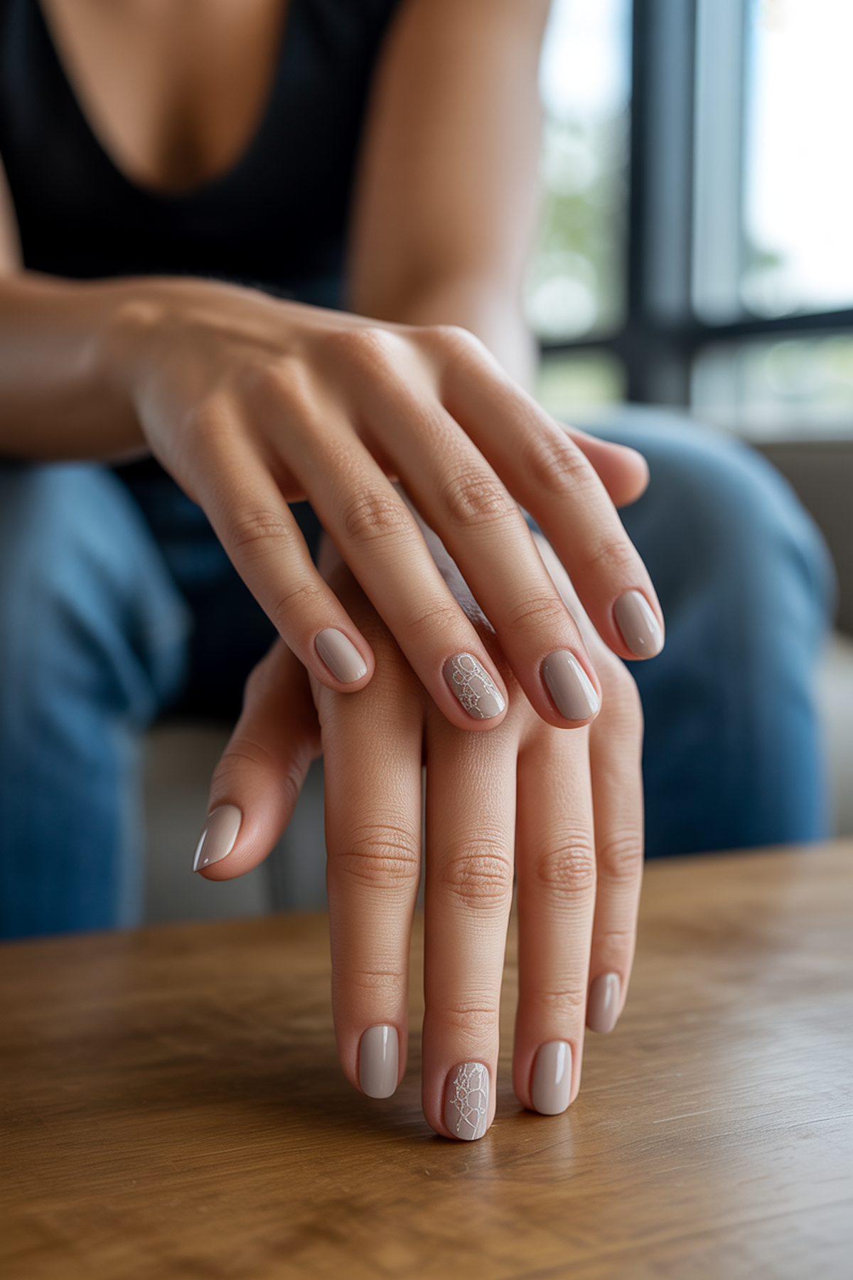 Matte Beige Nails with Subtle Lace Detailing