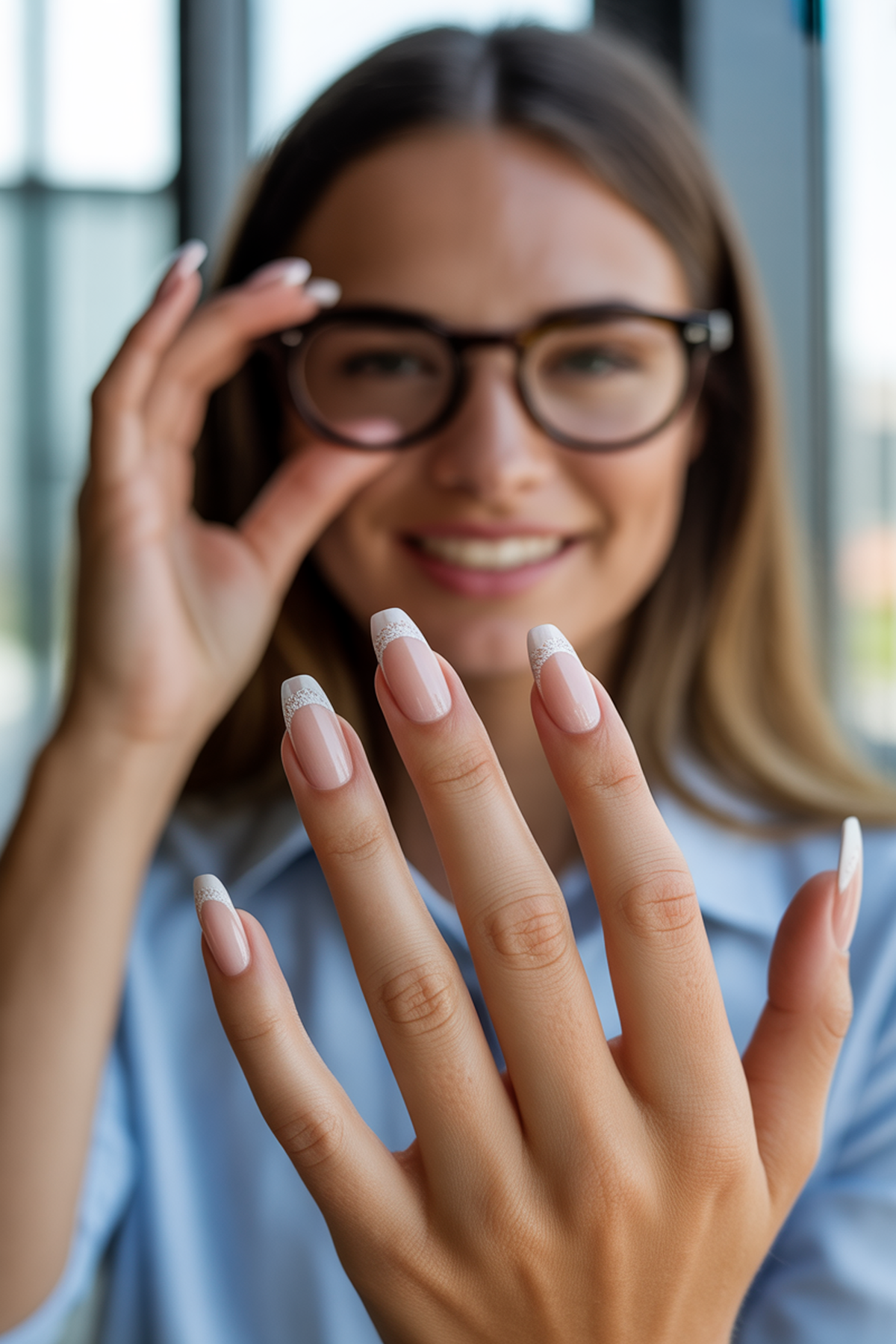 Sheer Nude Nails with White Lace Tips