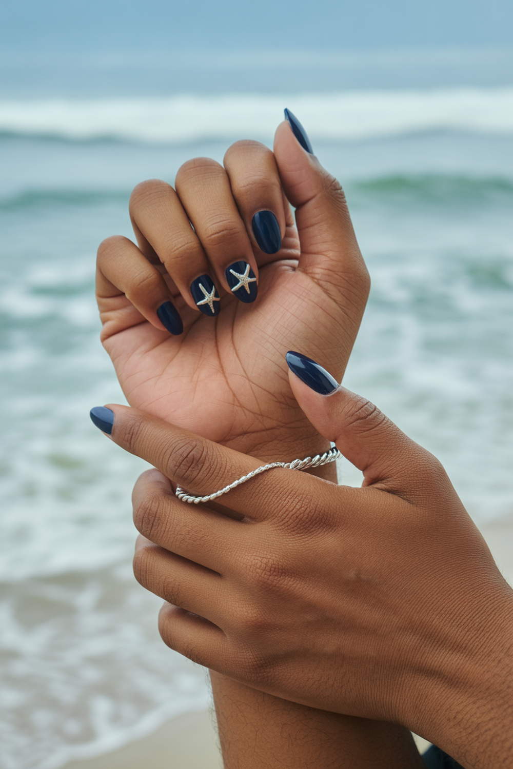 Deep Ocean Blue With Silver Starfish Details