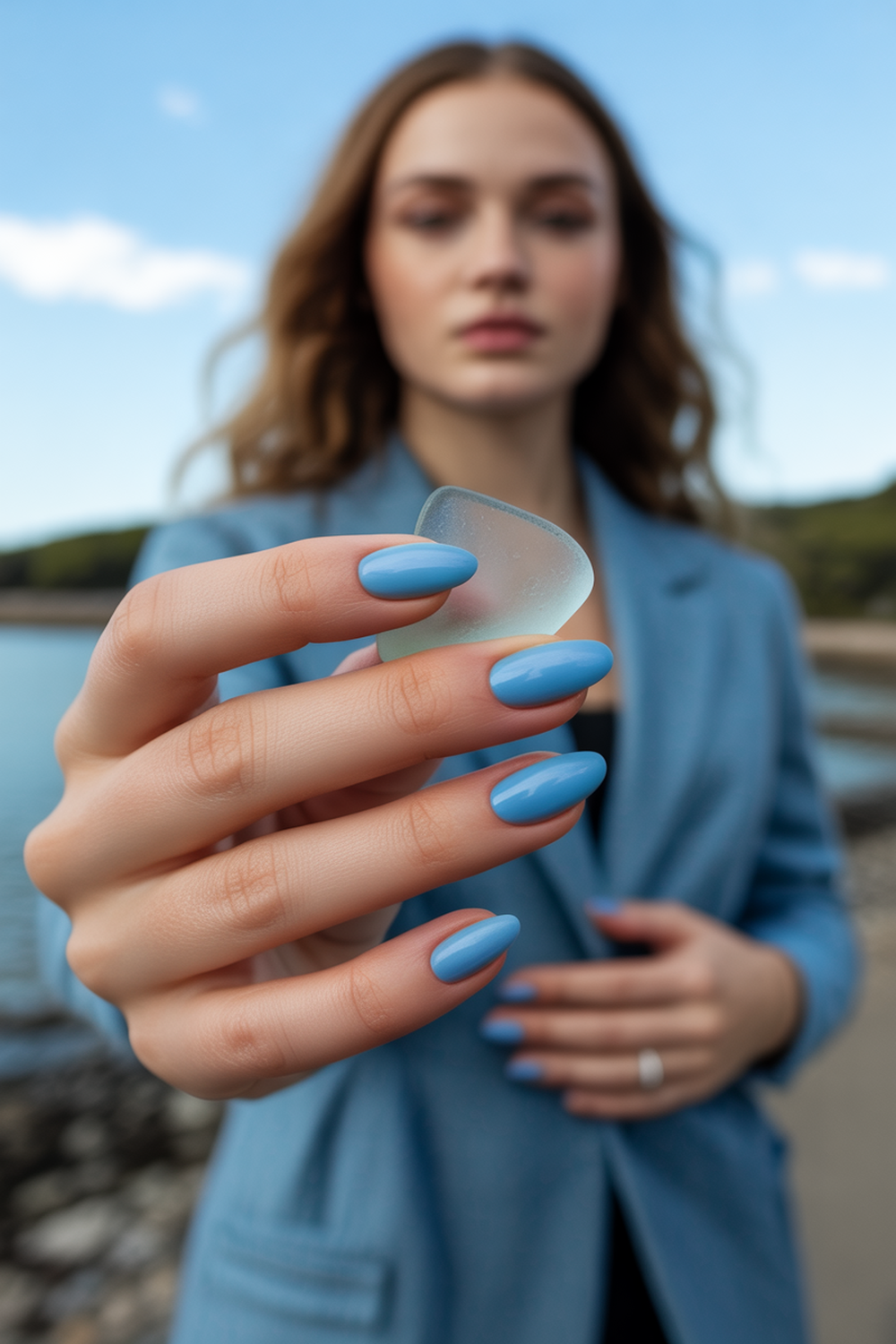 Light Blue Matte Nails With Sea Glass Accents