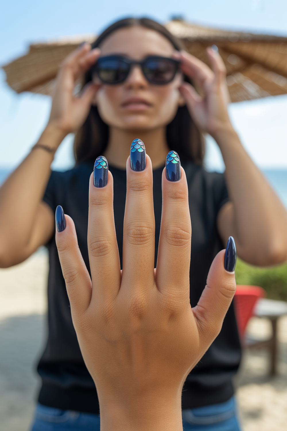 Navy Base With Iridescent Mermaid Scale Accents