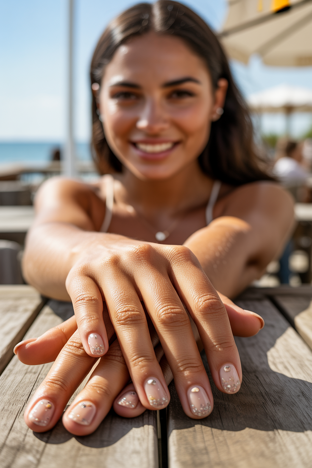 Nude Nails With Subtle Sand and Shell Glitter