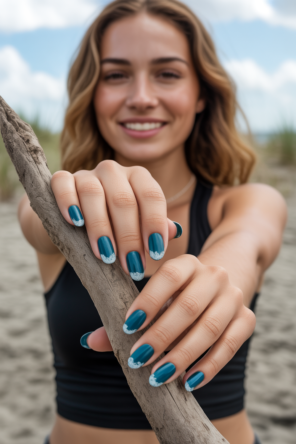 Ocean Teal Nails With White Foam Detailing