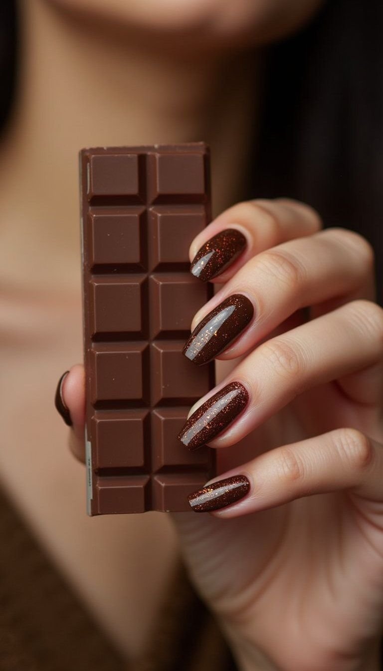 Chocolate Drip Art On Almond Shaped Nails