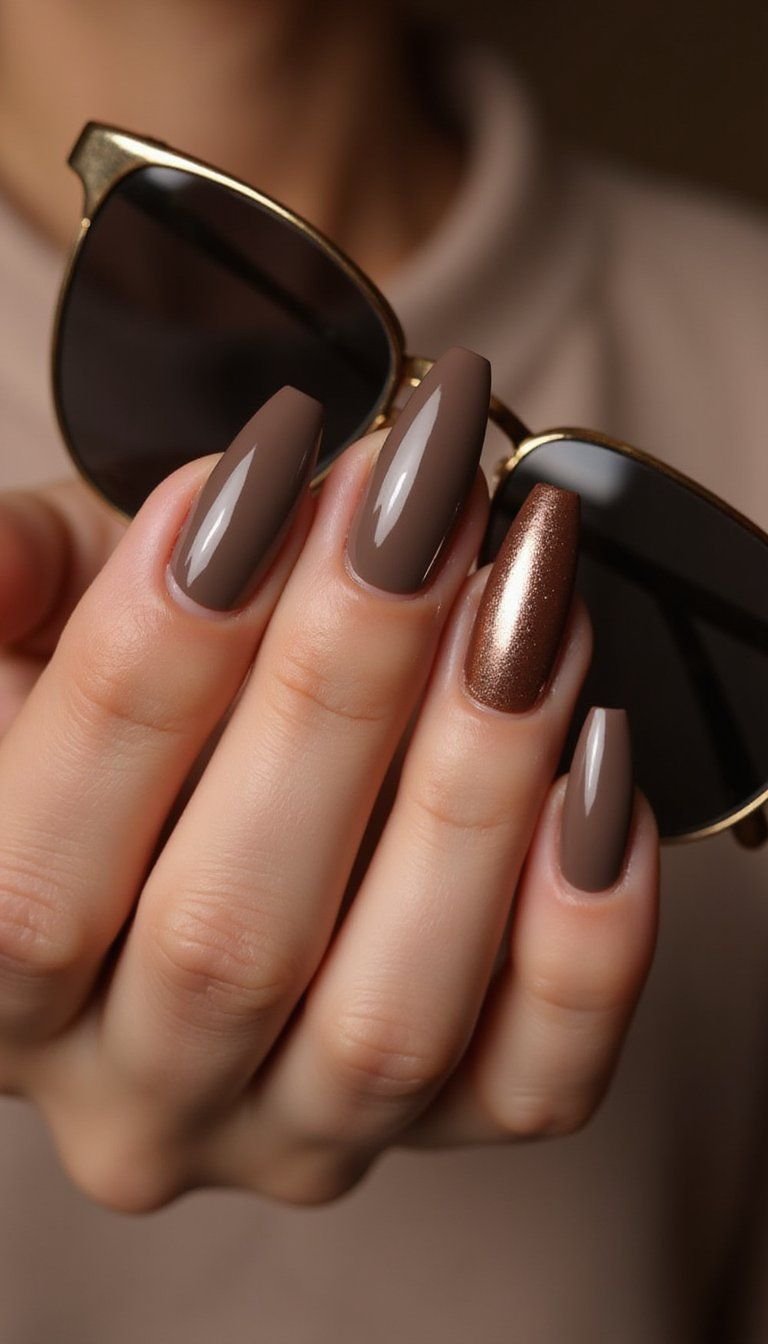 Mocha Chrome Accent On Long Stiletto Nails