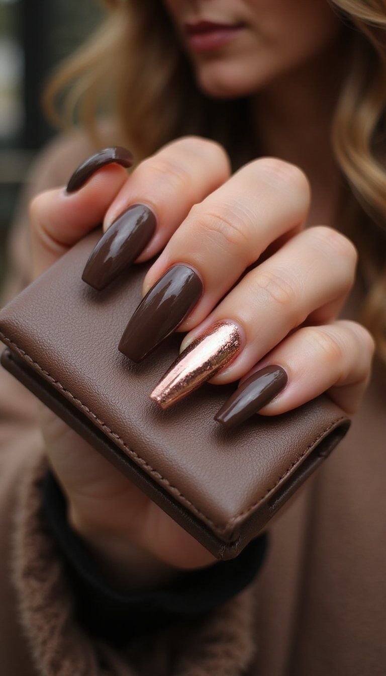 Mocha Coffin Nails With Rose Gold Foil