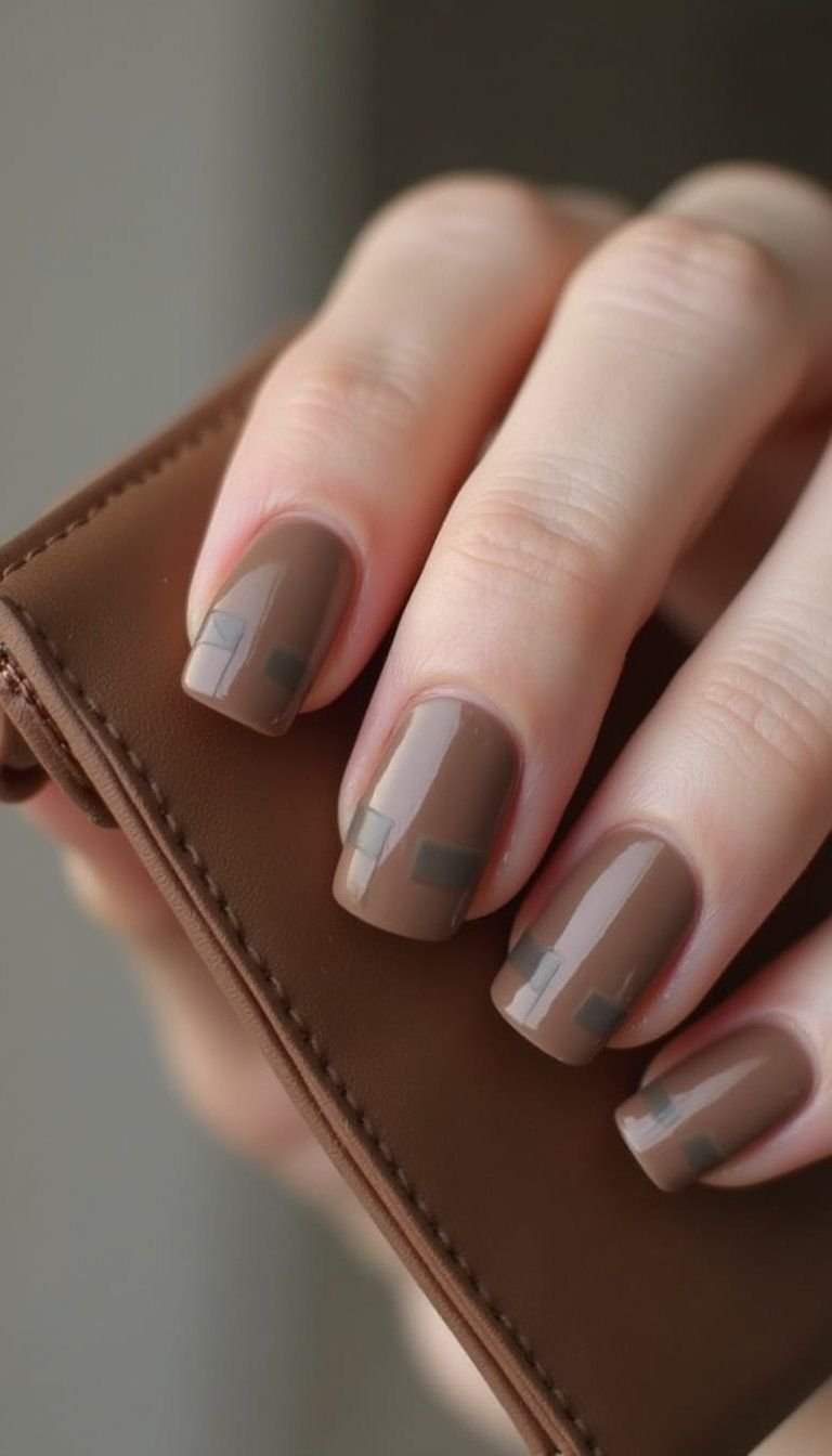 Taupe Mocha Geometric Lines On Square Nails