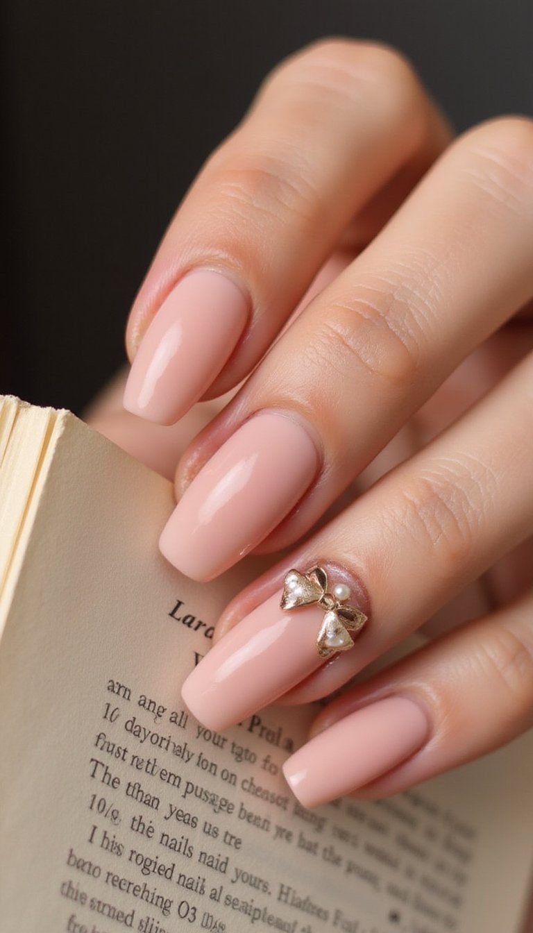 Matte Blush Nails With Pearly Bow Detail