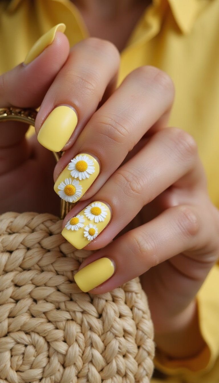 Matte Yellow Daisy Garden On Oval Nails