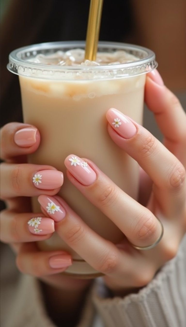 Sheer Pink Almond Nails With Tiny Daisies