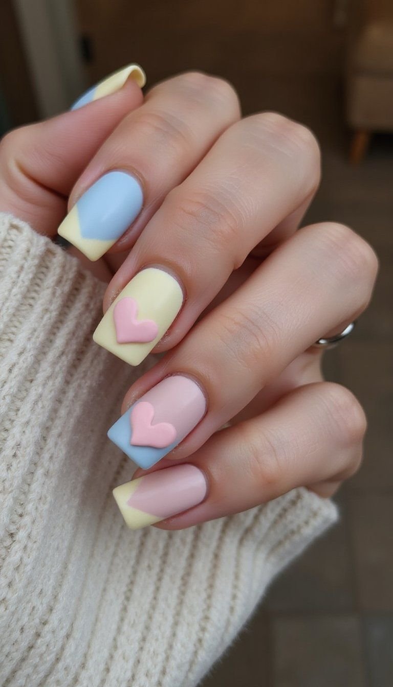 Matte Pastel Hearts On Short Square Nails
