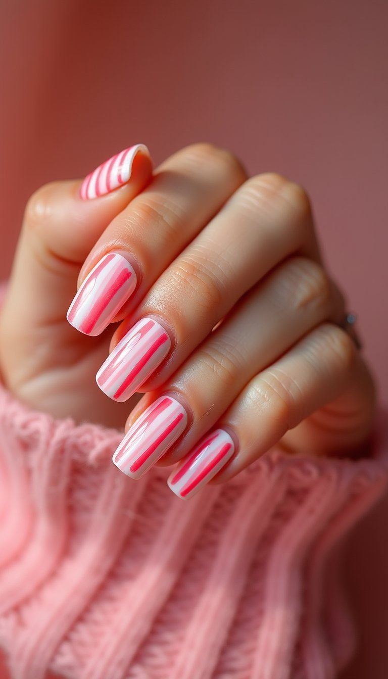 Candy Stripe Strawberry Milk Accent Nails Mix