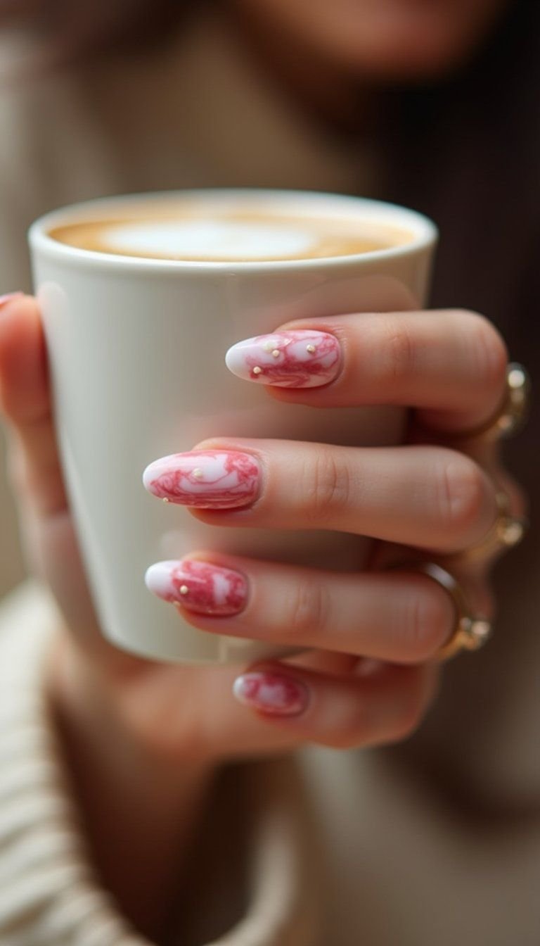 Swirled Strawberry Milk Marble On Glossy Nails