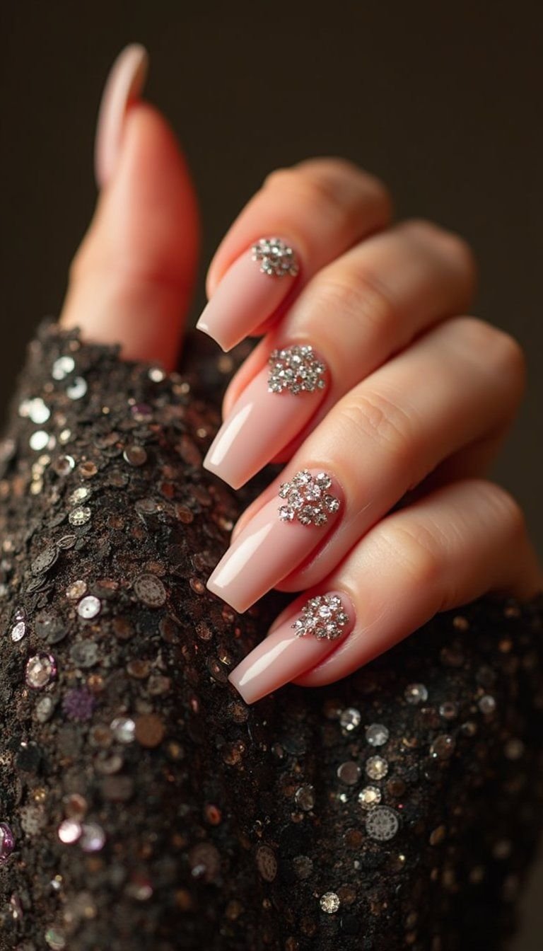 Blush Coffin Press Ons With Rhinestone Accents