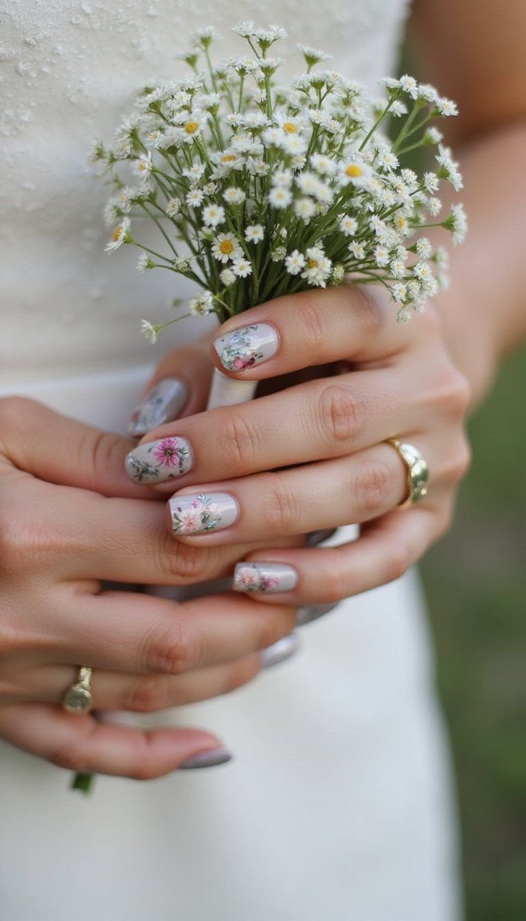Hand-Painted Floral Press On Wedding Nails