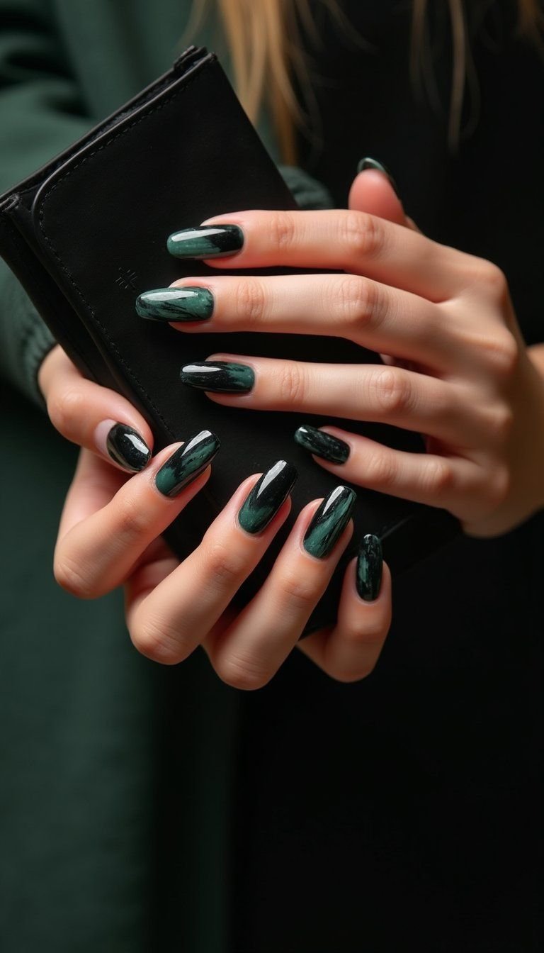 Deep Sage With Black Marble Accent Nails