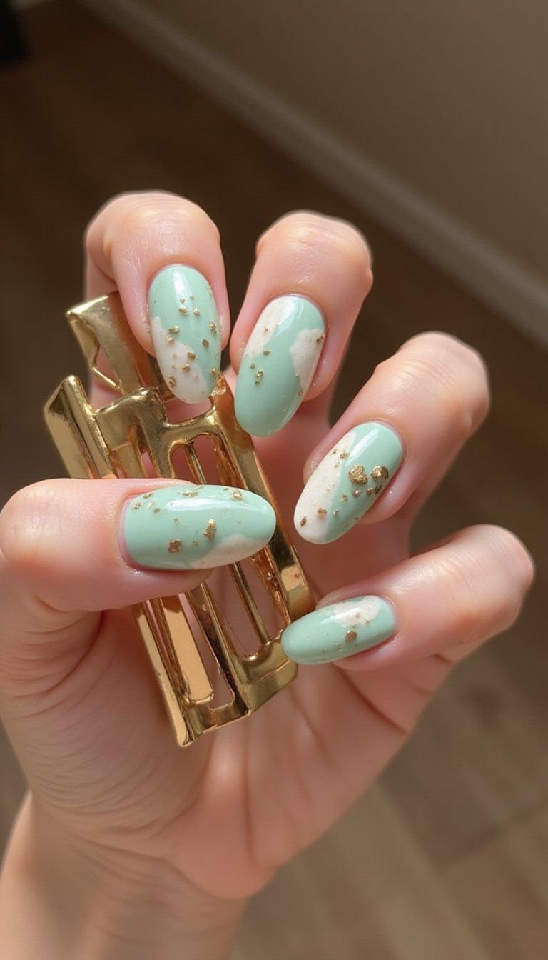 Marble Sage And Ivory Swirl Nails