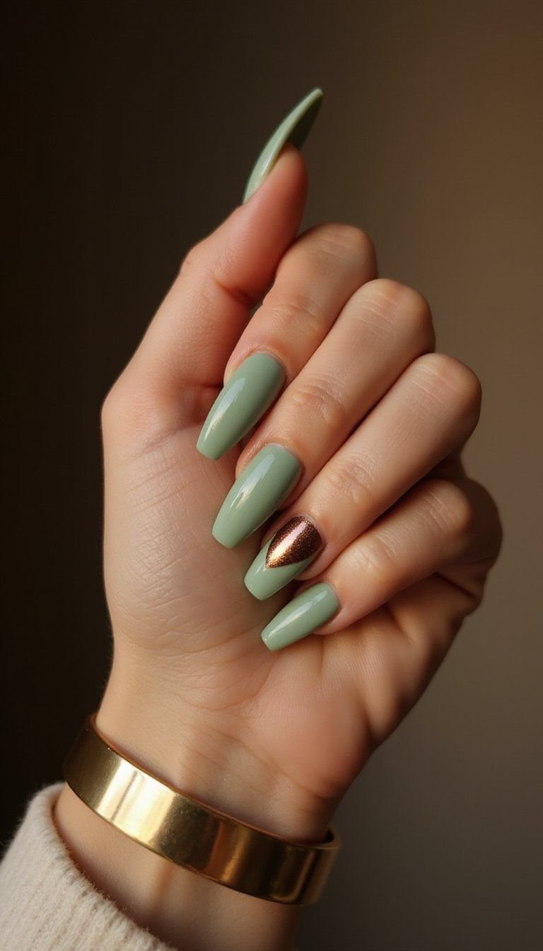Sage Green And Bronze Metallic Accent Nails