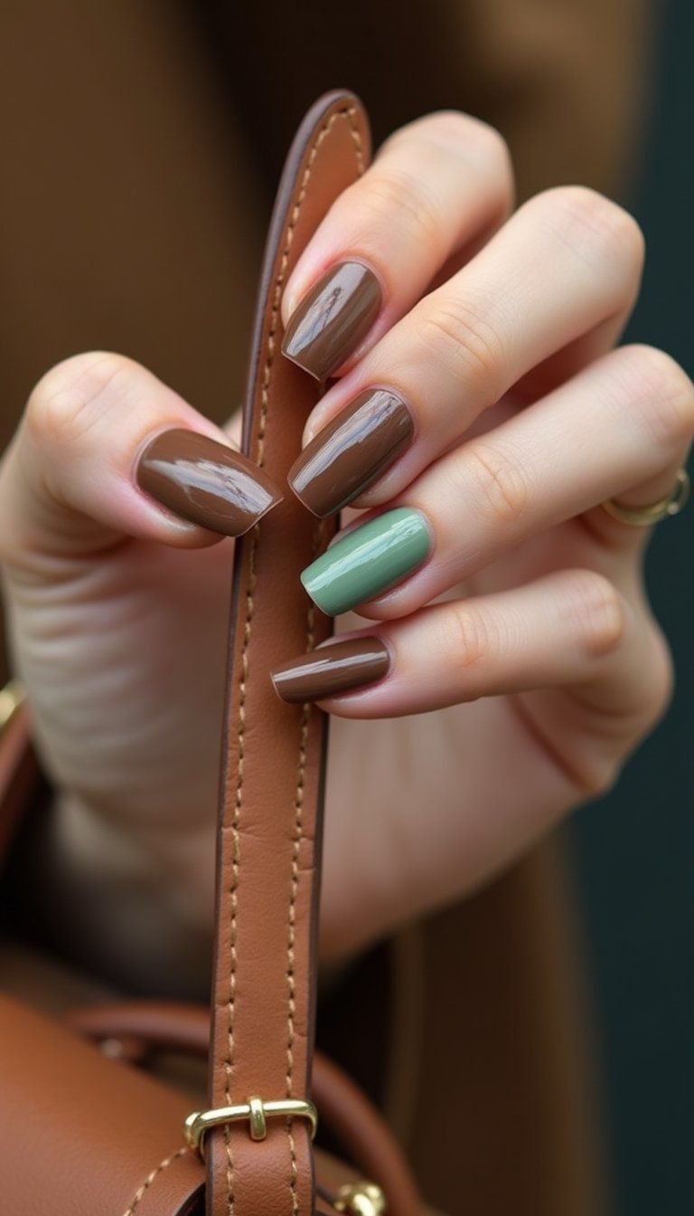 Sage Green And Chocolate Brown Combo Nails