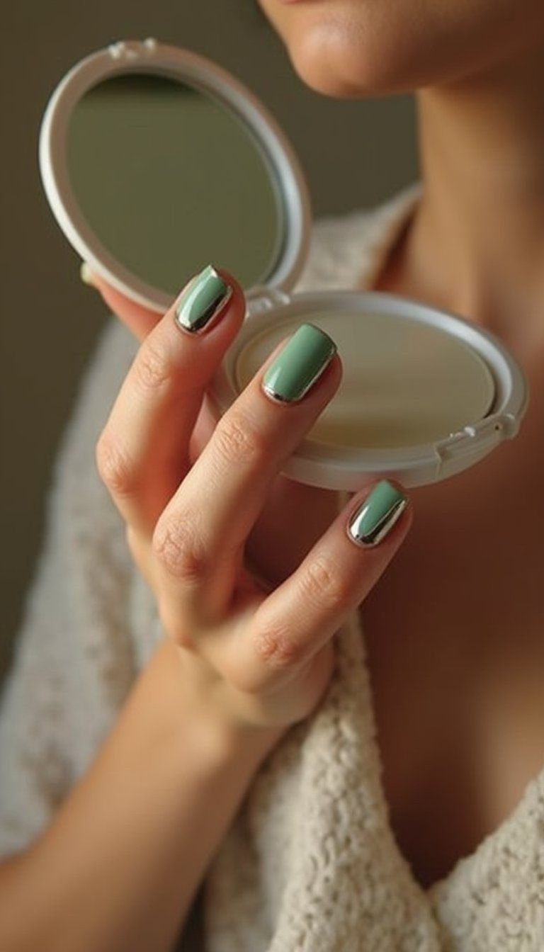 Sage Green Chrome Tips On Short Nails