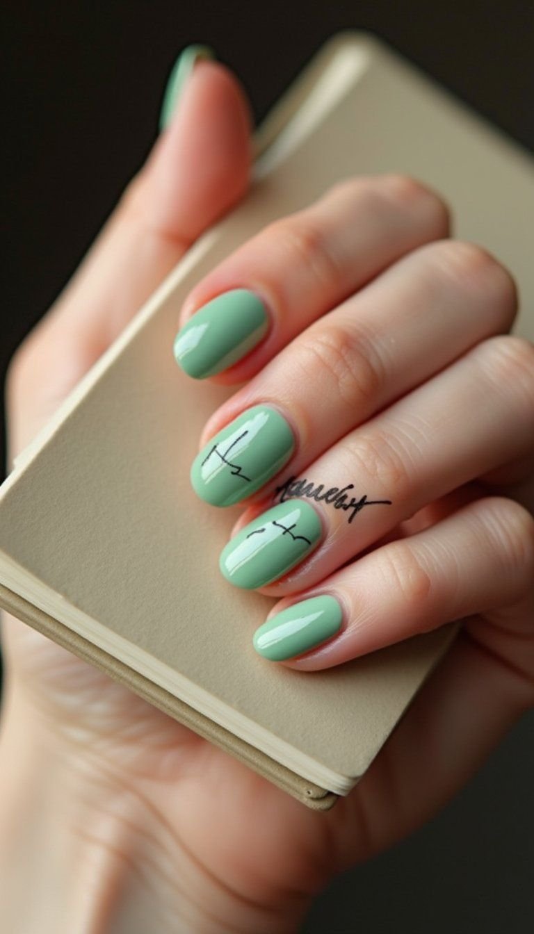 Sage Green Minimal Line Art Accent Nails