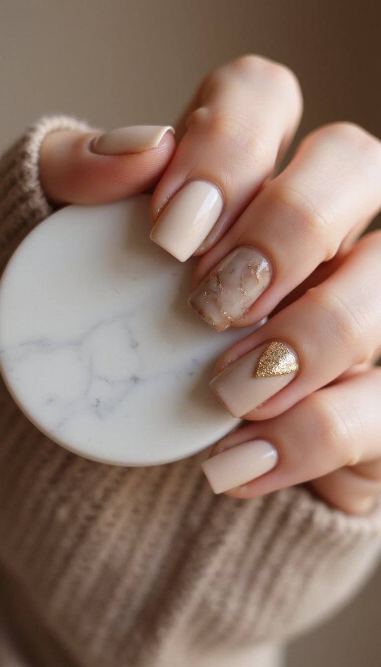 Neutral Marble Accent On Short Nude Tips