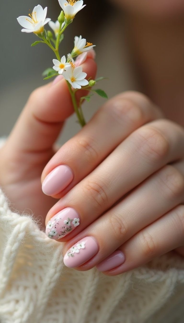 Short Nude Nails With Tiny Floral Details