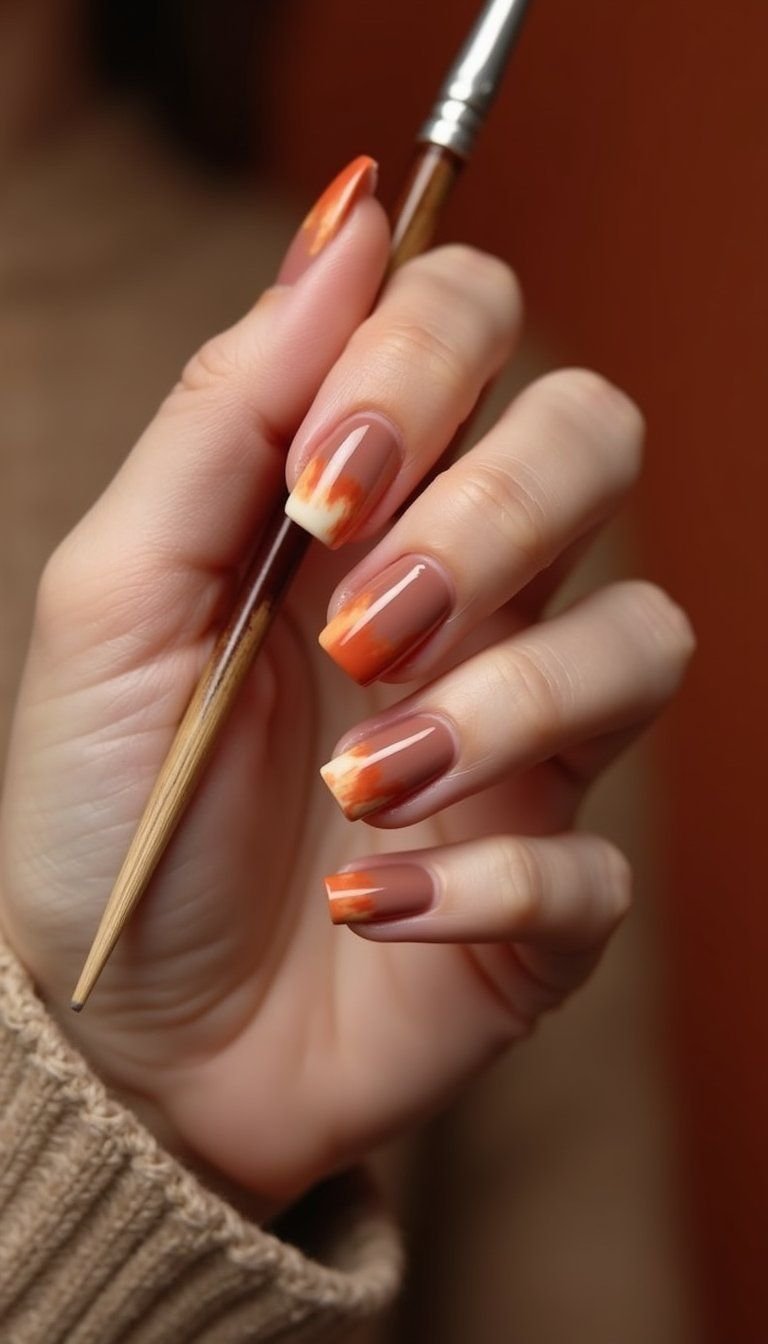 Abstract Brushstroke Terracotta Ombre For Artful Nails