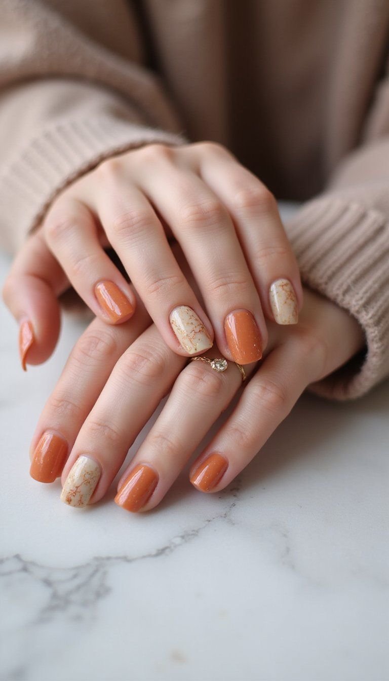 Terracotta French Ombre With Marble Accent Nail