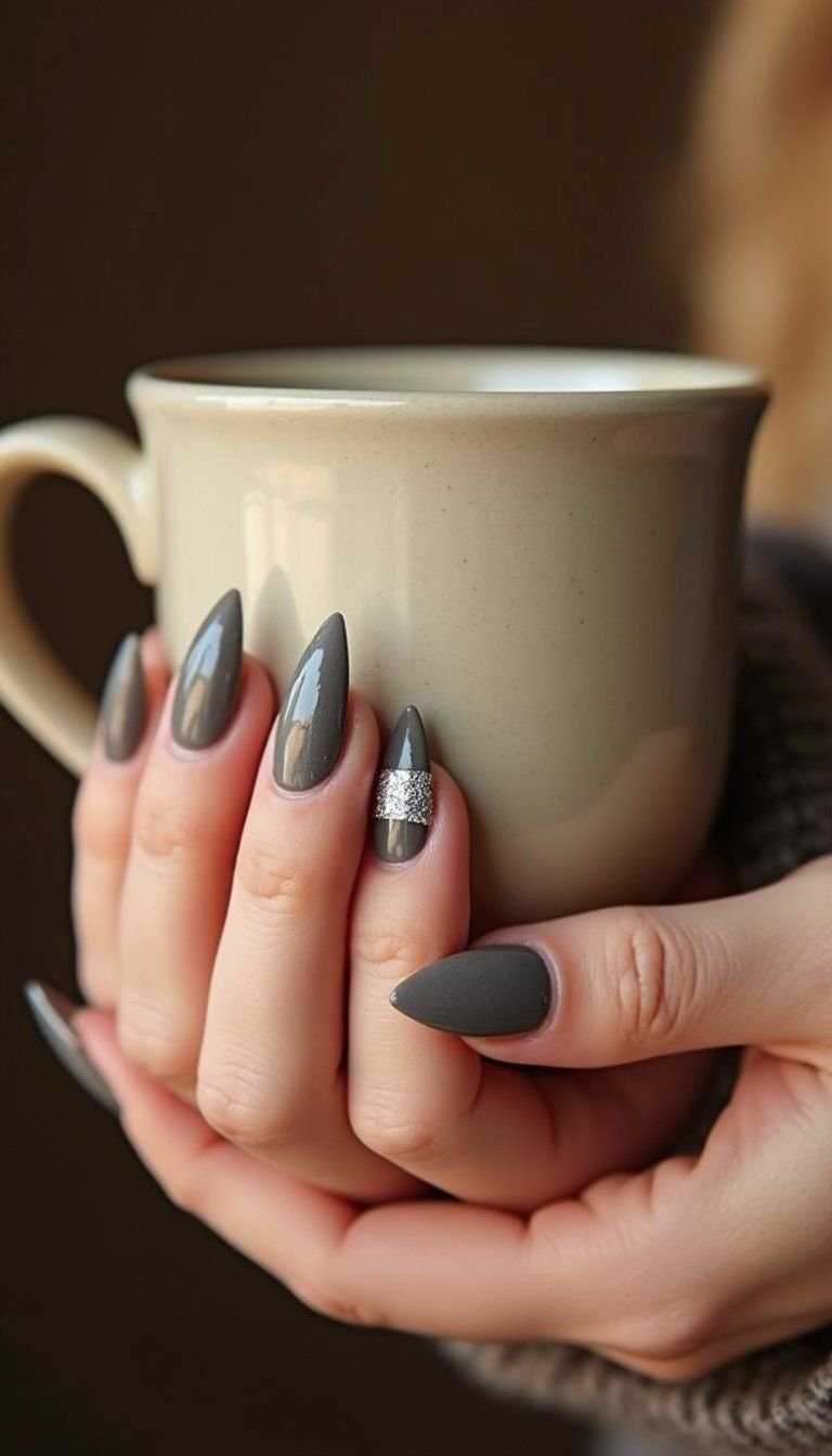Smoky Charcoal Velvet Cat Eye Almond Nails