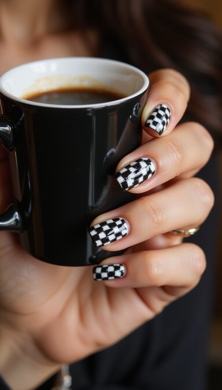 Classic Black And White Checkerboard Nails