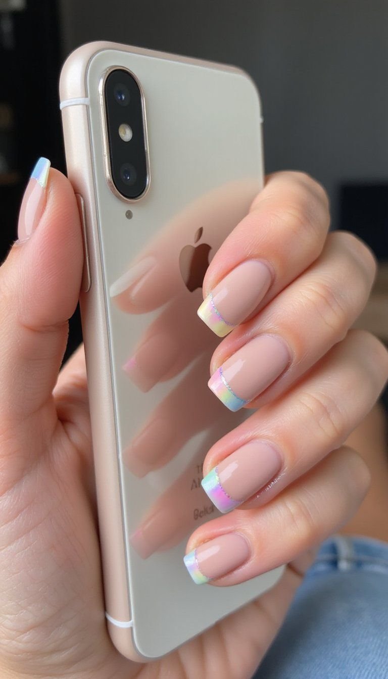 Pastel Rainbow French With Holographic Accent Stripe