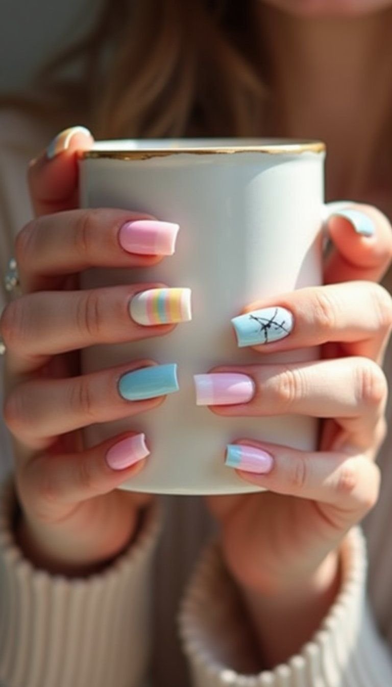 Pastel Rainbow French With Marble Accent Nail