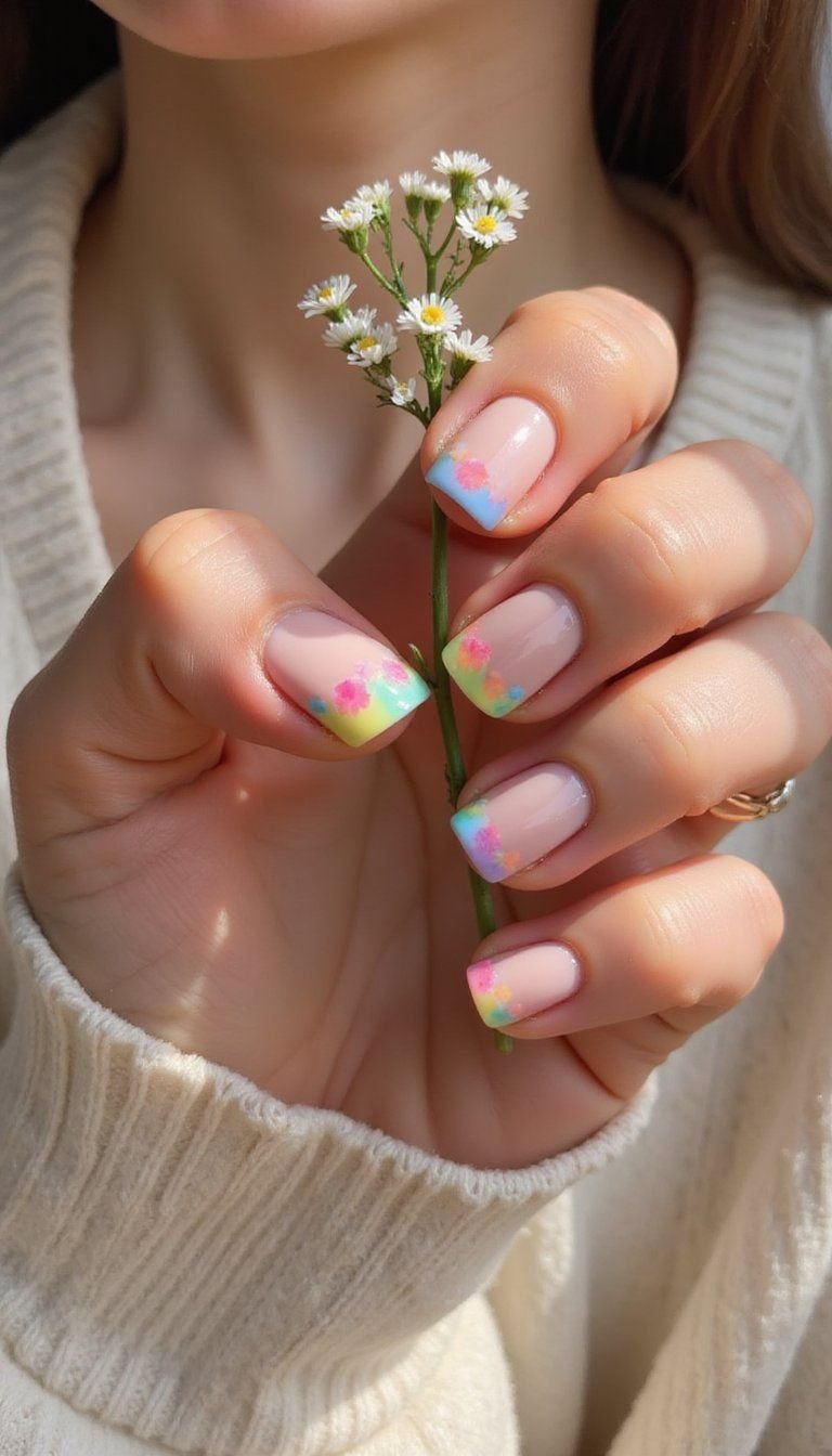 Pastel Rainbow French With Tiny Floral Accents