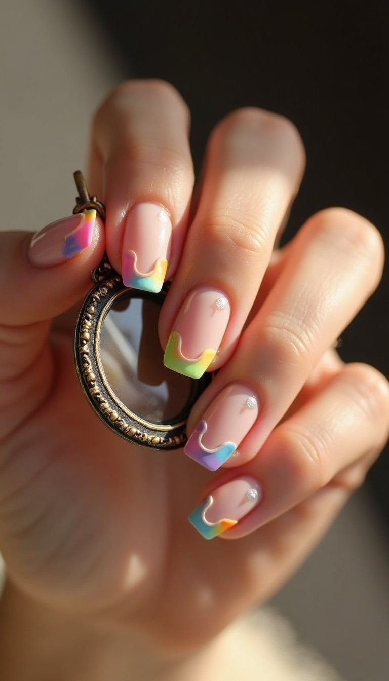 Pastel Rainbow French With Tiny Heart Accent Tips