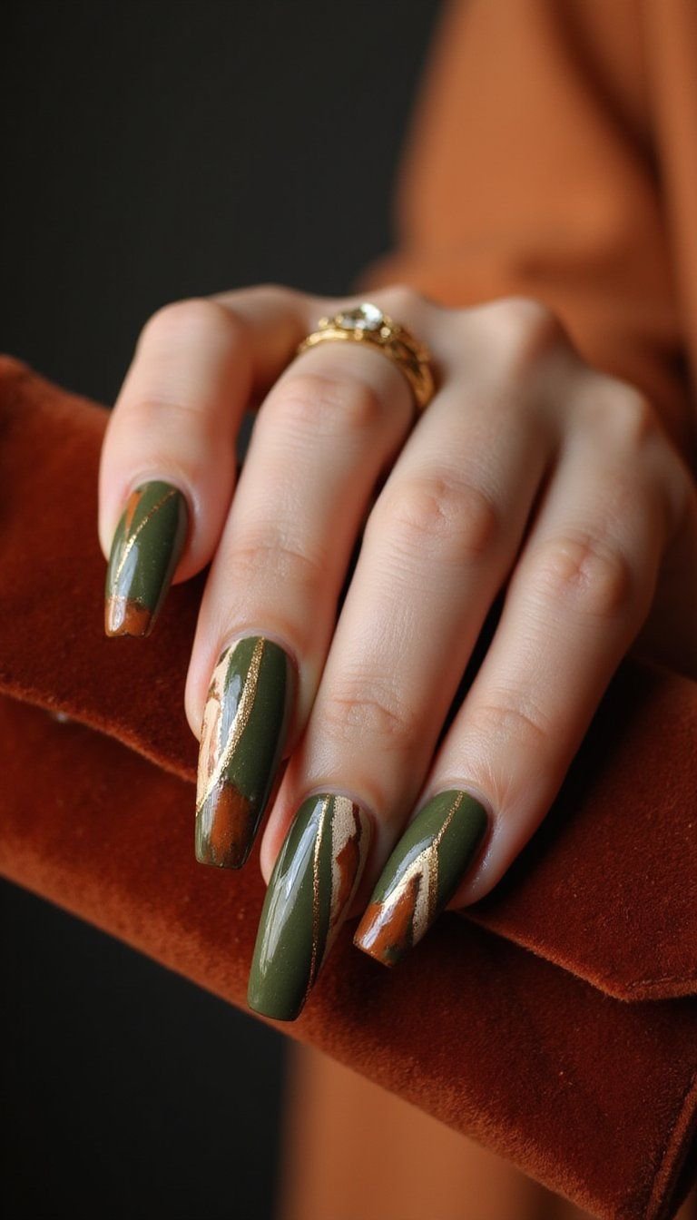 Gold Accented Swirl Nails For Luxe Retro Vibes