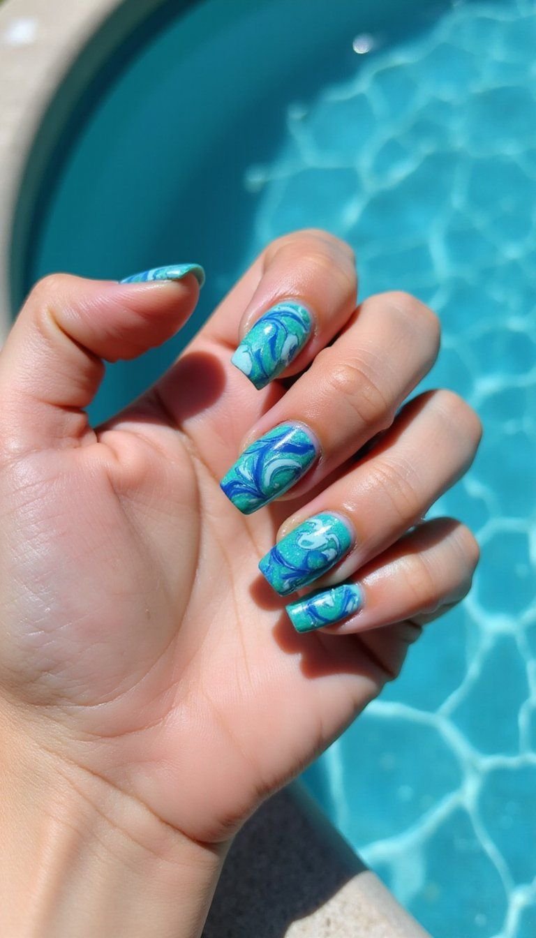 Groovy Blue And Teal Swirl Nail Statement