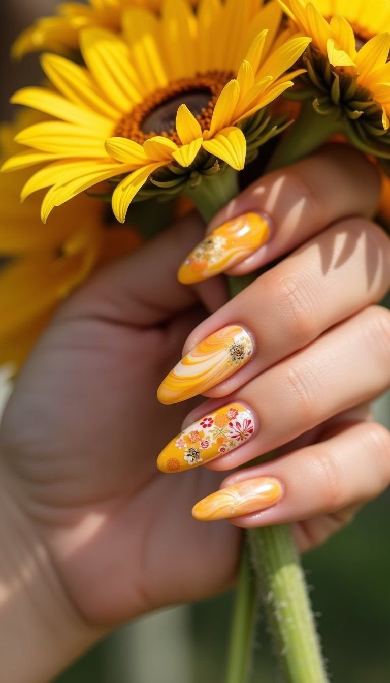Sunflower Swirl Nails With Cheerful Retro Colors
