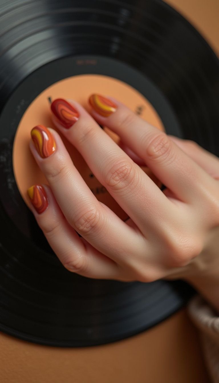 Sunset Swirl Nails With Warm Retro Hues